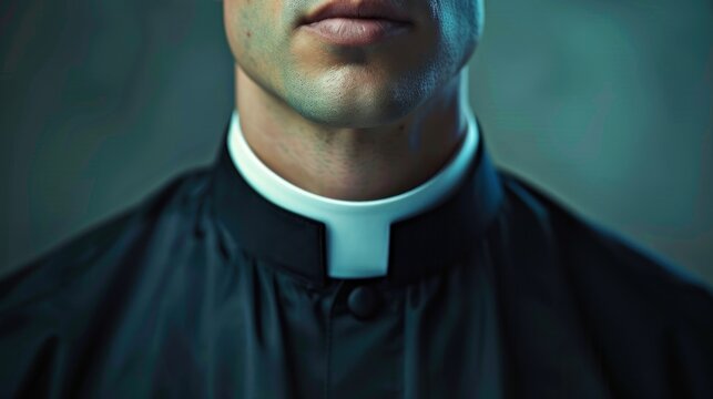 A serene Catholic priest poses for a close-up portrait, dressed in a black cassock and white collar, illuminated by natural light. Generative AI