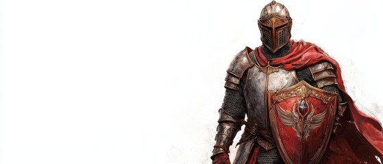 Medieval Knight in Full Armor with Shield and Red Cloak