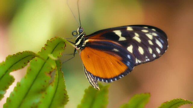 Macro shot of tiger longwing butterfly sitting on a green plant. Slow motion.