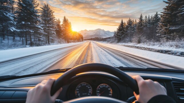 Driving on a Snowy Road at Sunset