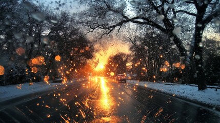 Fototapeta premium Sunset Drive Through a Snowy Forest