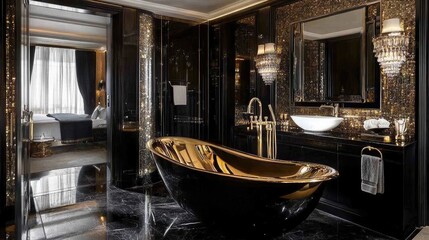 Fototapeta premium Luxurious Modern Bathroom with Sleek Black and Gold Finishes Featuring a Decorative Freestanding Bathtub and Elegant Lighting Fixtures in a Stylish Setting