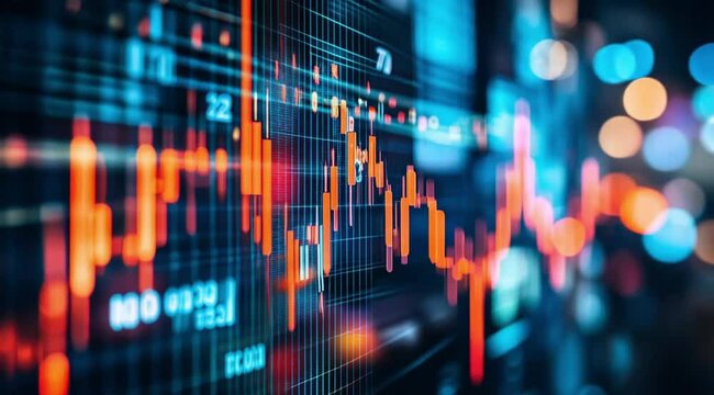 Close up view of blurry stockmarket screen, Camera slow motion with different angles