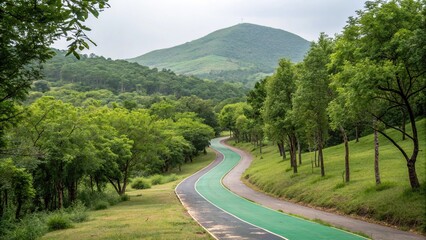 A serene landscape view of a winding green road surrounded by lush green trees with a gentle hill in the background, greenery, countryside, green landscape, scenic view, hillside