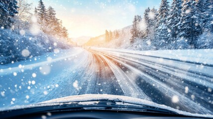 Snowy Road Ahead with Car Windshield and Falling Snow