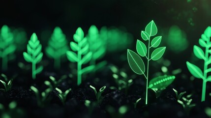 A digital representation of vibrant green seedlings emerging from dark soil, symbolizing growth, sustainability, and technology in agriculture.