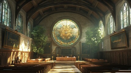 Fototapeta premium A serene interior of a grand chapel with stained glass and seating.