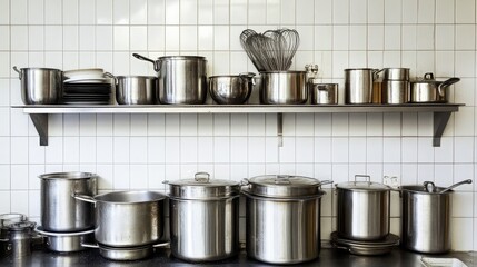 Stainless Steel Cookware Collection on Metal Shelf in Professional Kitchen Setting with Tiled Background and Various Sizes of Pots and Utensils