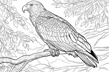 Fototapeta premium Illustration of a majestic eagle perched on a branch, showcasing intricate details of its feathers and surrounding foliage.