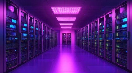 Fototapeta premium Futuristic Server Room with Neon Lighting and Advanced Technology for Data Storage and Management, Showcasing a High-Tech Environment for Digital Infrastructure
