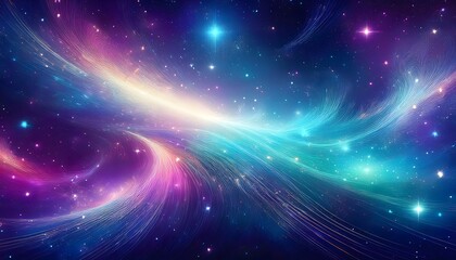 Obraz premium Abstract galaxy-themed background with clusters of stars and light streaks, blending hues of turquoise, magenta, and deep indigo