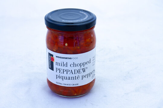 Johannesburg, South Africa - a bottle of mild chopped peppadew from Woolworths Food isolated on a clear background with copy space