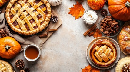 Seasonal bakery flyers, cozy and inviting, featuring pumpkin pies and cinnamon rolls on festive table.