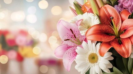 Vibrant flower shop ad with lilies, daisies, roses bouquet & bold sale text in foreground.