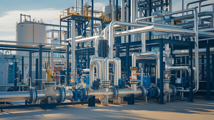 Fototapeta premium A complex industrial facility featuring large metallic pipes and structures. The scene showcases intricate machinery and a network of pipes, indicative of a manufacturing or processing plant.