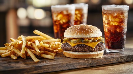 Flyers advertising French fry combo meals with burgers and sodas on rustic fast-food counter, combo meal promotion, hearty and satisfying.