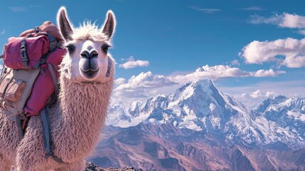 Adventure llama travel ads with llamas trekking rugged landscapes for adventure travel companies, bold and thrilling flyers.