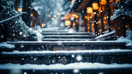 Snow-Covered Stone Steps Leading to a Blurred Lightscape