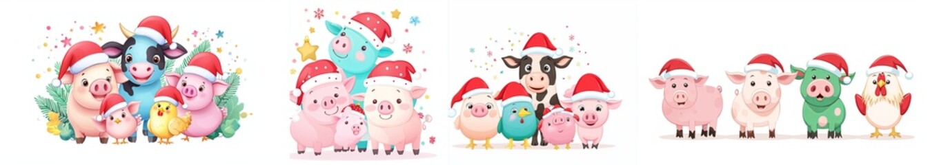 Colorful cartoon animals wearing Santa hats celebrate the holiday season together, bringing joy and cheer in a festive illustration.