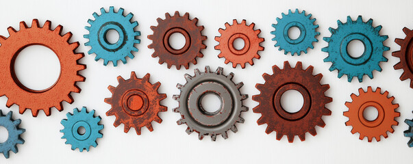 A colorful arrangement of gears and cogs, showcasing industry and engineering concepts.