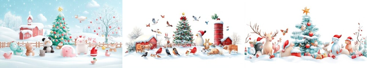 A festive winter scene featuring Christmas trees, snow, reindeer, and Santa, capturing the joyful spirit of the holiday season.