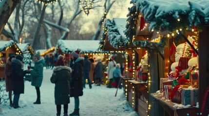 Visitors savor mulled wine while exploring holiday stalls adorned with twinkling lights and ribbons at a snowy Christmas market. Generative AI