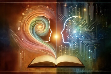 Two faces human AI facing each other working together to create a story book