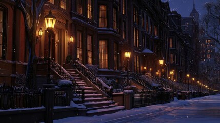 Fototapeta premium Snowy Street with Illuminated Row Houses and Streetlights