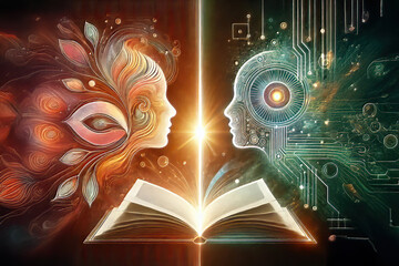 Two faces facing each other AI and human together writing a book
