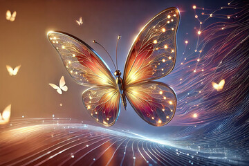 Large Butterfly filling image glowing flying in a sky of butterflies with electronic motif
