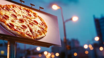 Pizza shop logo with giant pizza oven graphic on bright city billboard