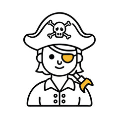 Pirate character icon with eyepatch and hat, Vector illustration of a pirate character wearing a skull hat, eyepatch, and red coat, representing a classic sea adventurer or buccaneer.
