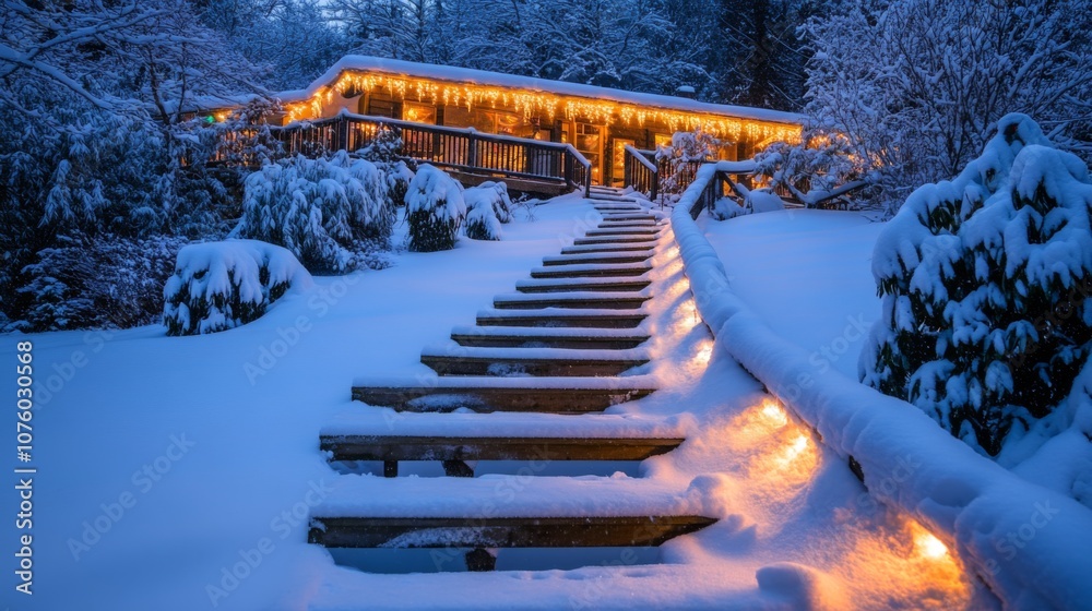 Poster Snow-Covered Steps Leading to a Cabin Decorated with Christmas Lights