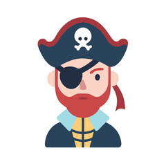 Pirate character icon with eyepatch and hat, Vector illustration of a pirate character wearing a skull hat, eyepatch, and red coat, representing a classic sea adventurer or buccaneer.
