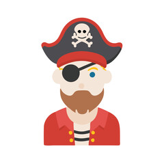 Pirate character icon with eyepatch and hat, Vector illustration of a pirate character wearing a skull hat, eyepatch, and red coat, representing a classic sea adventurer or buccaneer.
