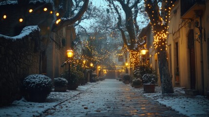 Fototapeta premium A Snowy Street in a European Town Illuminated by String Lights and Streetlamps