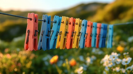 Colorful clothespins hanging on a line in a flower-filled landscape.