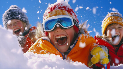 Excited children sledding down a snowy hill, dressed in colorful winter gear on a sunny day.