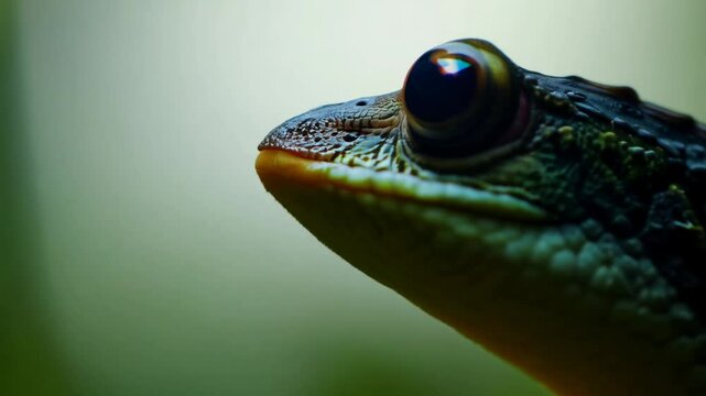 Gentle oscillating movement, natural sunlight macro video of a leaf-tailed gecko's eye in a Madagascar rainforest.