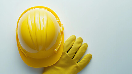 Yellow construction hard hat and work gloves on a white background, symbolizing safety and labor.