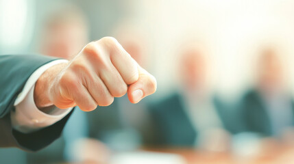 A determined businessman showing a fist symbolizing strength and negotiation power.