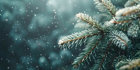 branches of fir trees in the forest, blurry background, snowflakes, copy space
