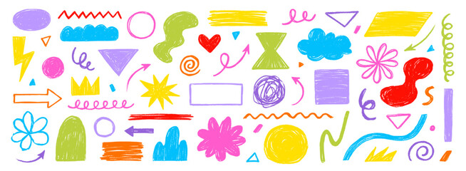 Crayon doodle color scribble line brush shape. Brush crayon pencil paint stroke texture doodle shape. Vector hand drawn frame background set of abstract design graphic figure. Vector illustration