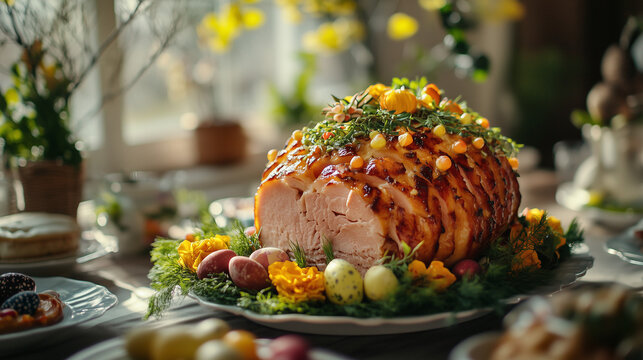 Easter family dinner with beautifully decorated ham centerpiece on a festive table