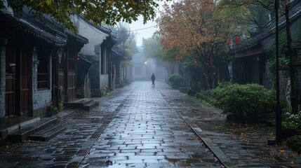 Obraz premium Solitary Figure Walking Through a Misty Chinese Alley