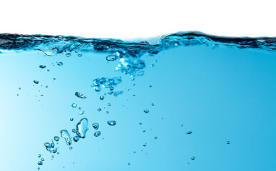 Air Bubbles Float Up Under Water. Water Splashing. Water Wave. Oxygen Relaxation. Blue Water Textured on White Background.