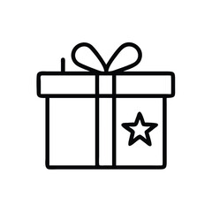 Gift box icon with ribbon and star outline, Vector illustration of a gift box with a ribbon and a star detail, shown in a simple black outline style, symbolizing a present for special occasions.

