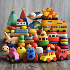 Obraz premium Kids toys set. Toy kid child preschool house baby game ball train yacht horse doll duck boat plane bear car pyramid