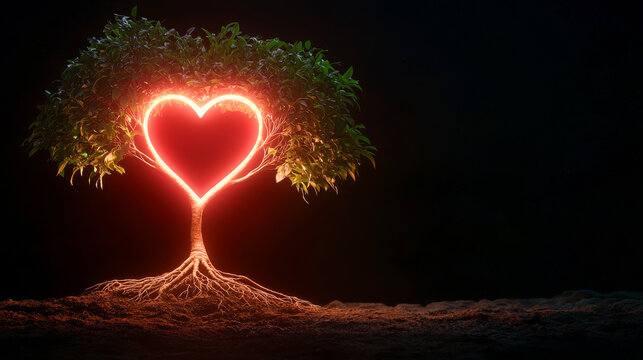 A glowing heart-shaped tree radiating love and positivity in a dark environment.