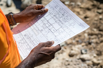 Naklejka premium Construction team inspecting blueprints on a construction site